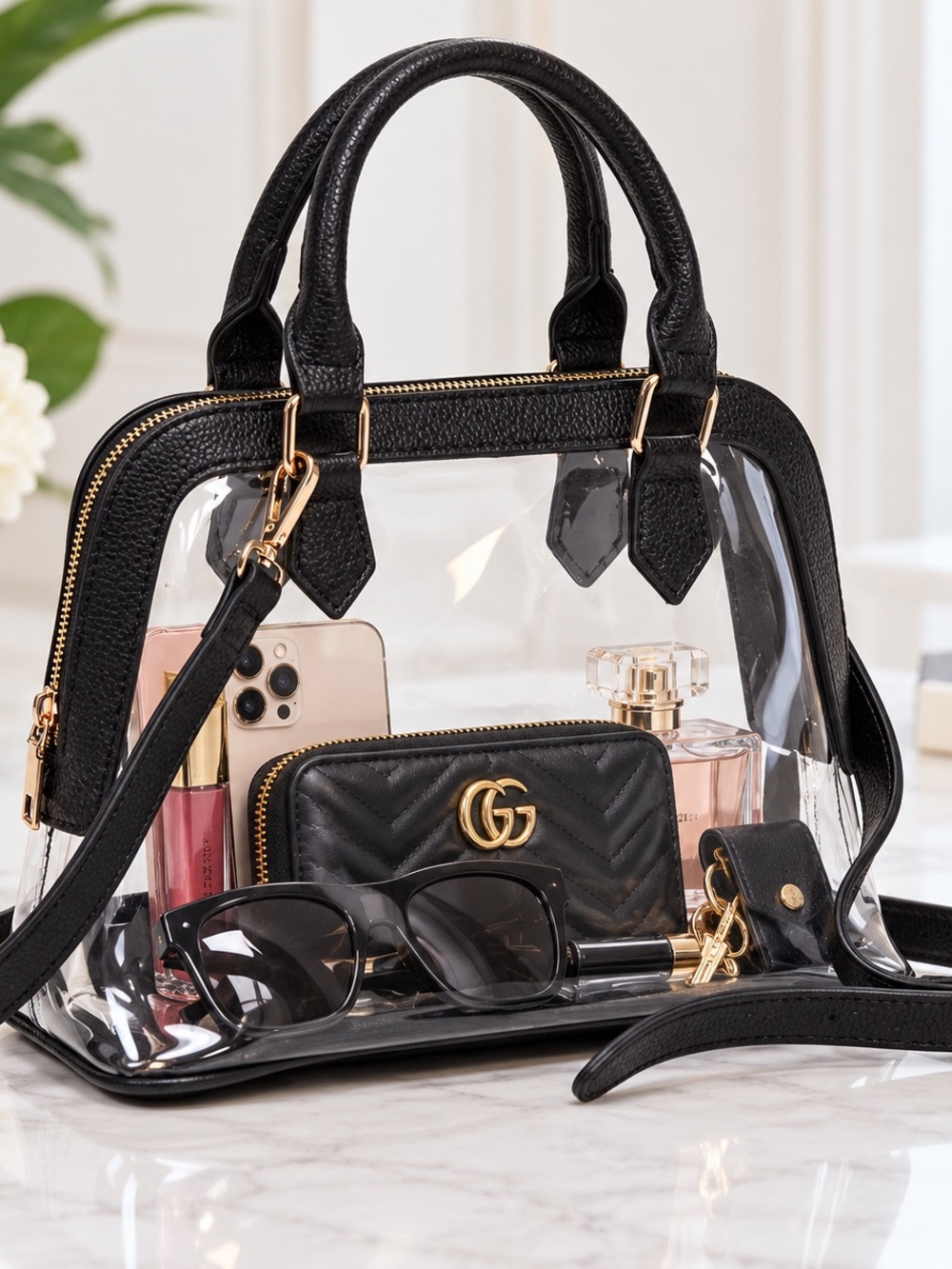 Clear Clear-Panel Tote with Black Trim and Gold Hardware